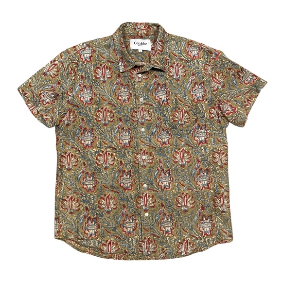 Corridor Handblock Paisley Floral Short Sleeve Button Up Shirt Mens Large - Picture 1 of 9